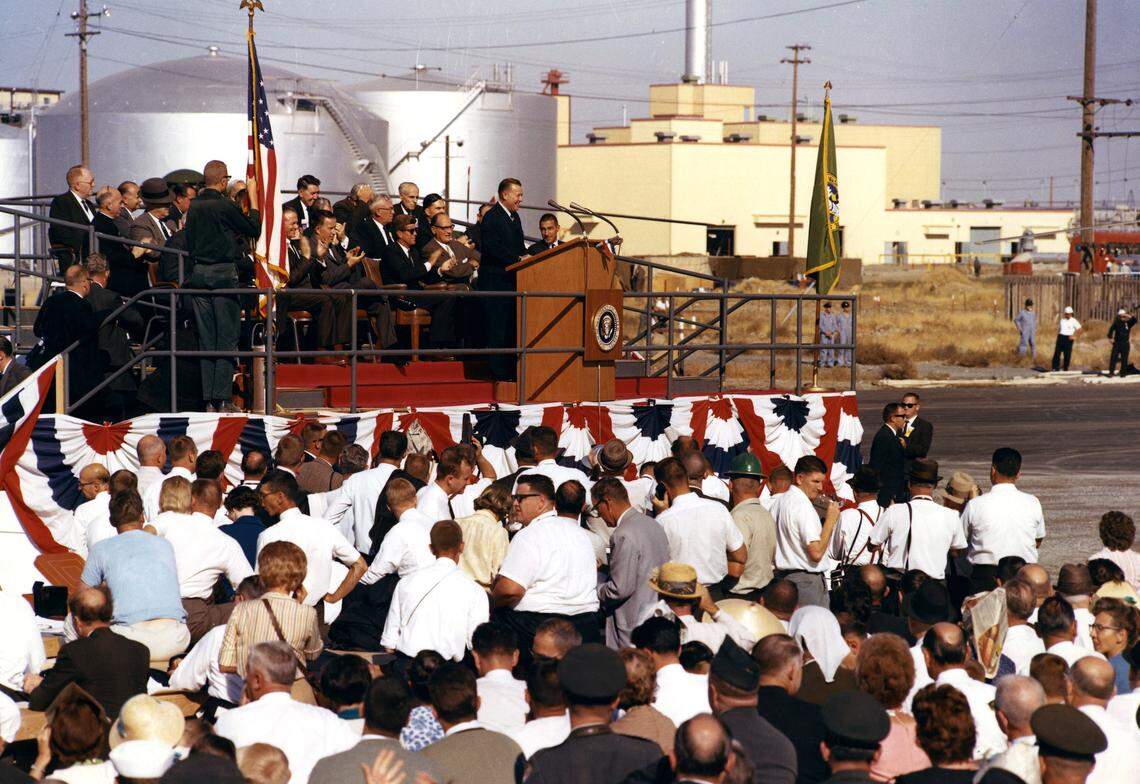 President John F. Kennedy visited Hanford 60 years ago on Sept. 26, 1963, for the ceremonial groundbreaking on a steam plant that would allow N Reactor to produce electricity in addition to plutonium for nuclear weapons. The public was allowed on Hanford for the visit and about 37,000 people attended.