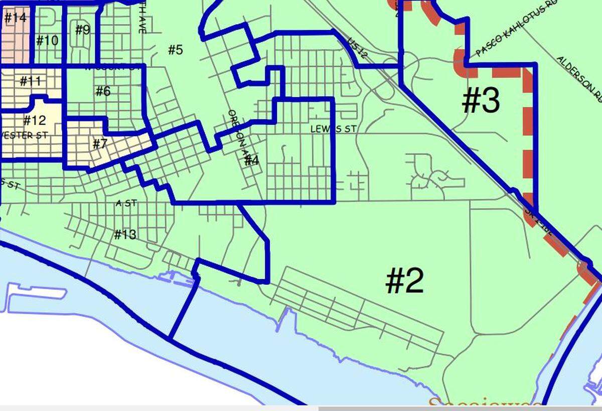 A notice claiming that Latino areas are being divided up are focused in this section of Pasco, which is divided between the three commissioners.