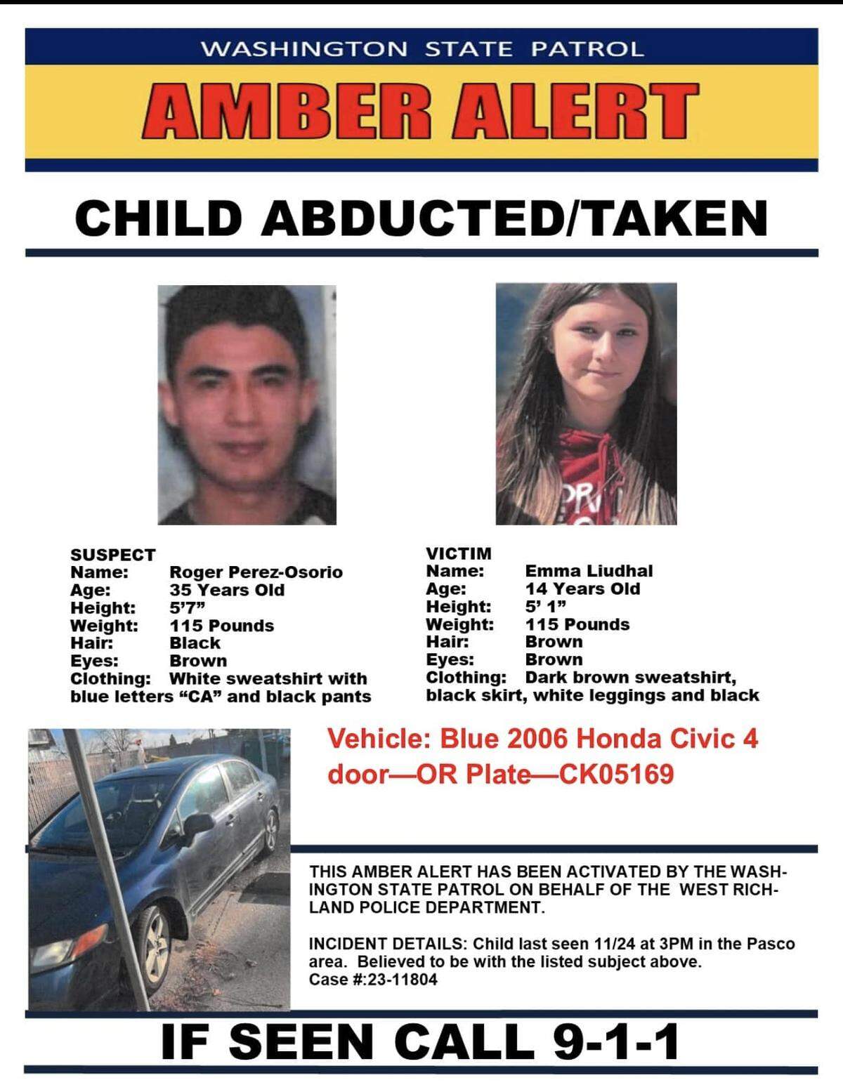 An Amber Alert was issued for a 14-year-old girl who is believed to have been taken by a 35-year-old man from the Tri-Cities.