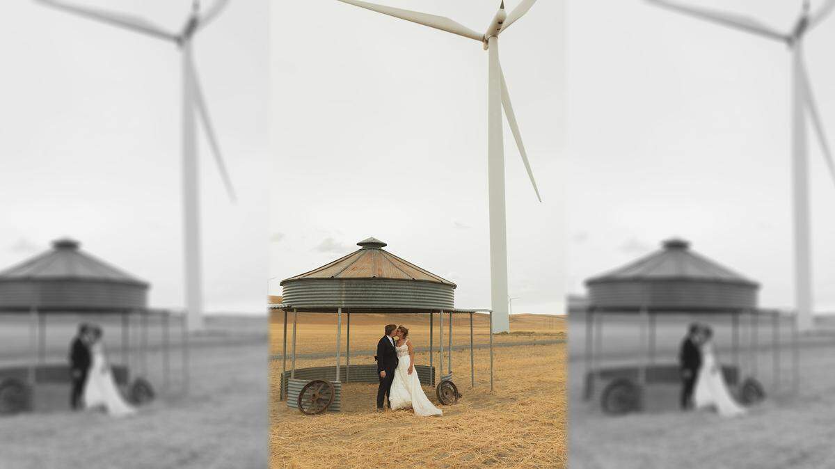 A windstorm before the wedding of Kaitlyn Thompson and Tyler Grant ruined their plans to be married in a wheat field near Kennewick. But they still had wedding pictures taken there.