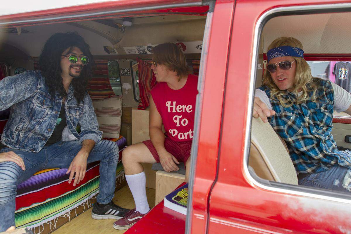 “Turn it Up” actors Hugo Miranda Vergara, Damien Charboneau and Patrick Killoran hang out in a van outside of Tumbleweeds in Richland.  “Turn it Up” is a movies that will be filming in Richland.