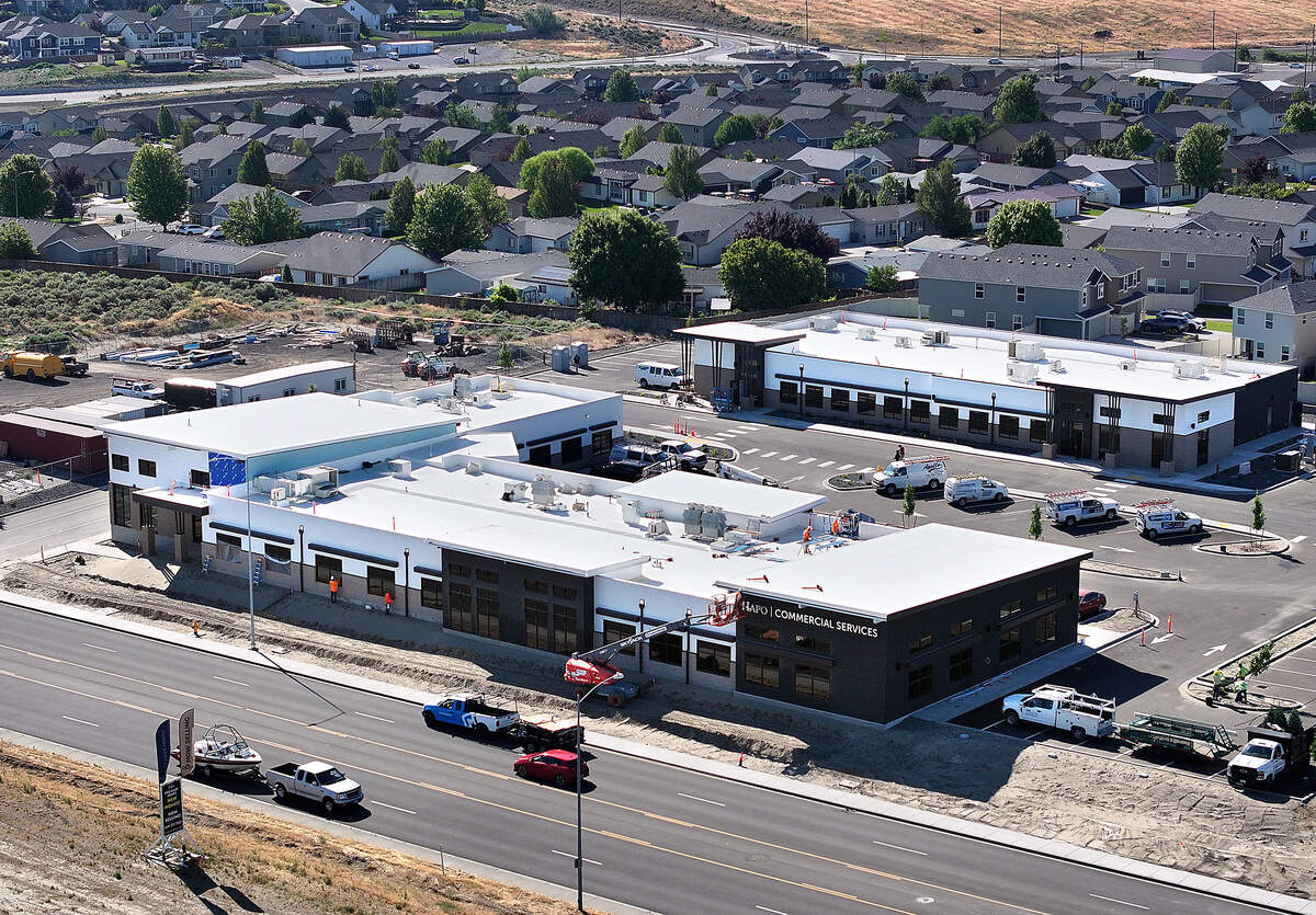 Work continues on the two new office buildings being constructed by HAPO Credit Union in west Kennewick to support its growing commercial and business banking activities.