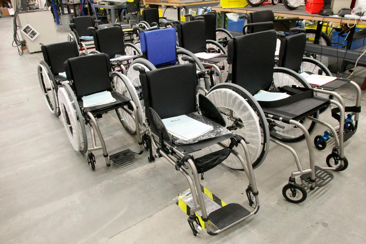 Finished TiLite wheelchairs are ready for delivery from the facility in Pasco in this photo from 2011. Permobil acquired TiLite in 2014.