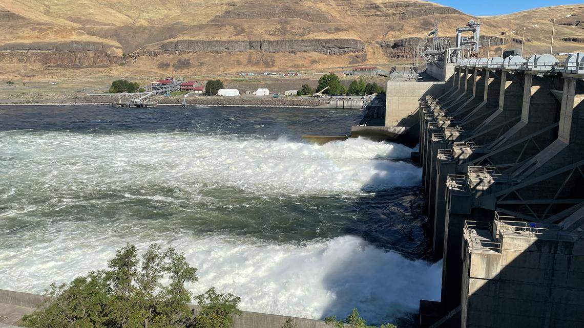 Lower Monumental Dam near Kahlotus on the Snake River spills water to benefit juvenile salmon in July 2022.