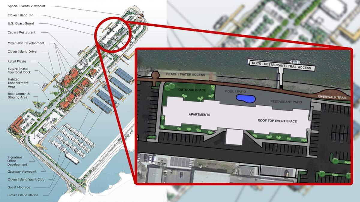 This photo illustration shows the proposed Clover Island Inn renovation project by Fortify Holdings in the context of the larger Clover Island Master Plan from the Port of Kennewick. Fortify Holdings hopes to convert the inn into an apartment building with small, affordable units.