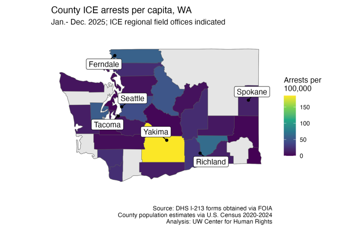 Washington state per capita ICE arrests by county in 2025.