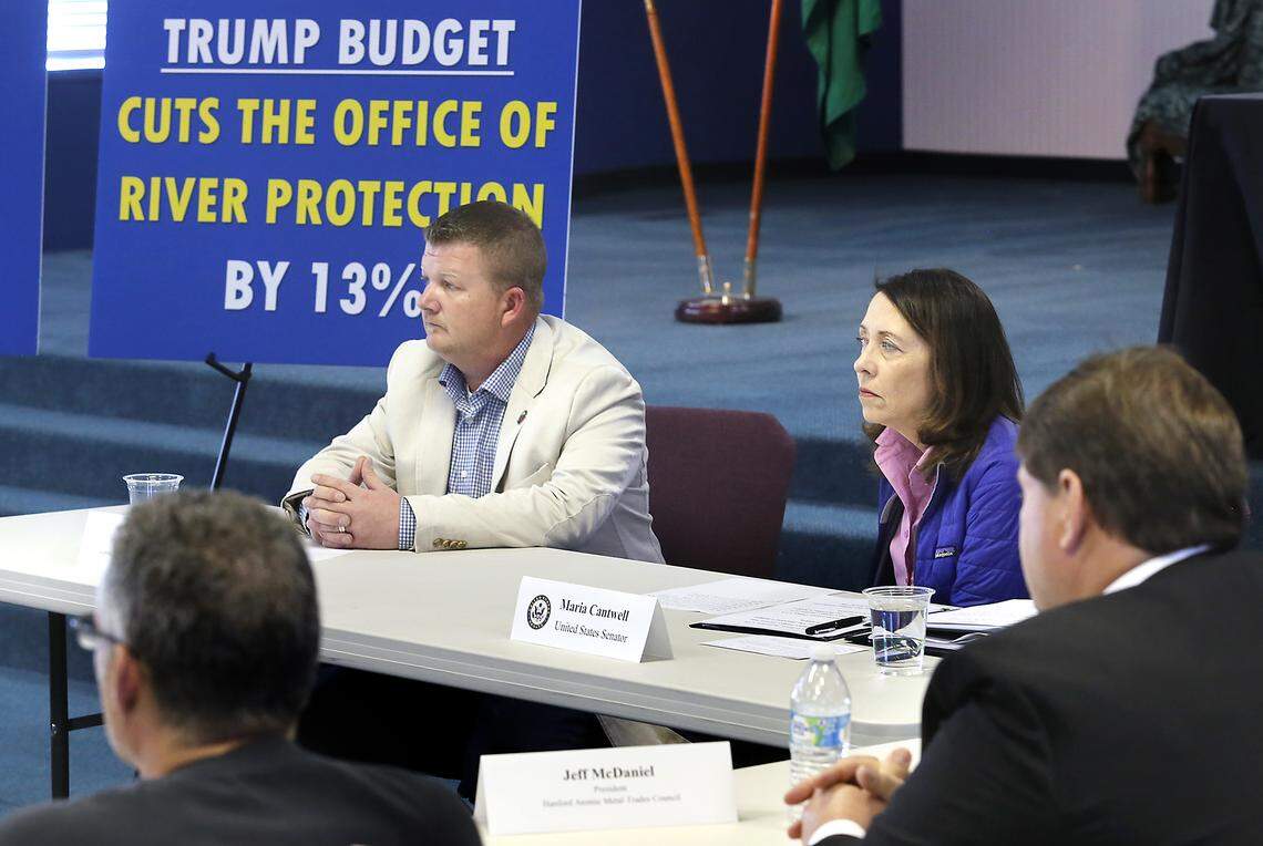 Sen. Maria Cantwell sits near Mike Bosse, president of Central Washington Building Trades Council, during a roundtable discussion with workers, businesses and local leaders about Hanford budget cuts. She also toured the nuclear reservation Wednesday. Watch a video at: tricityherald.com/video