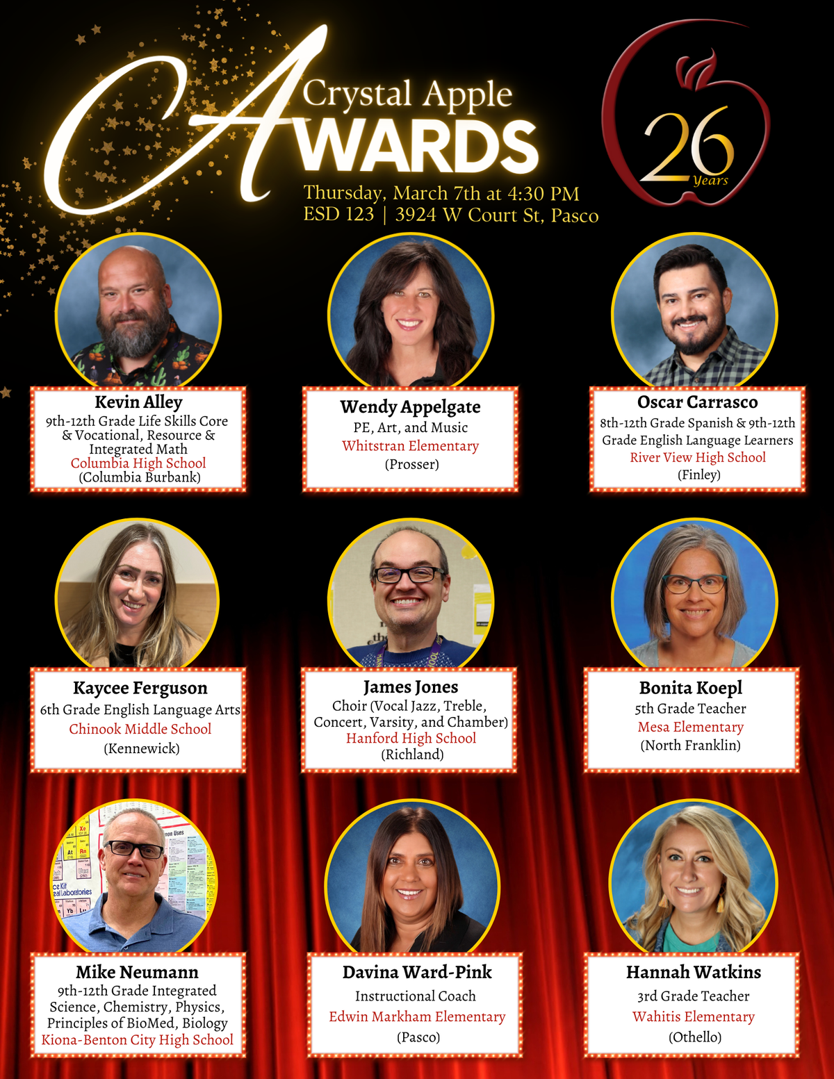 Educators around the Mid-Columbia will celebrate the best among them Thursday, March 7, at the 26th annual Crystal Apple Awards ceremony. Recipients of the Crystal Apple Awards will be recognized at the ceremony held at the ESD 123 building, located at 3924 W. Court Street, Pasco, Wash.