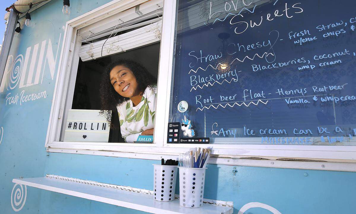 Jackie Prather, 28, of West Richland offers locally sourced products at her Rollin’ fresh ice cream trailer parked at Queensgate Gardens near the double roundabouts off Interstate 182 in Richland. Her menu also includes Ramen dishes for dinner. Watch a video at: tricityherald.com/video
