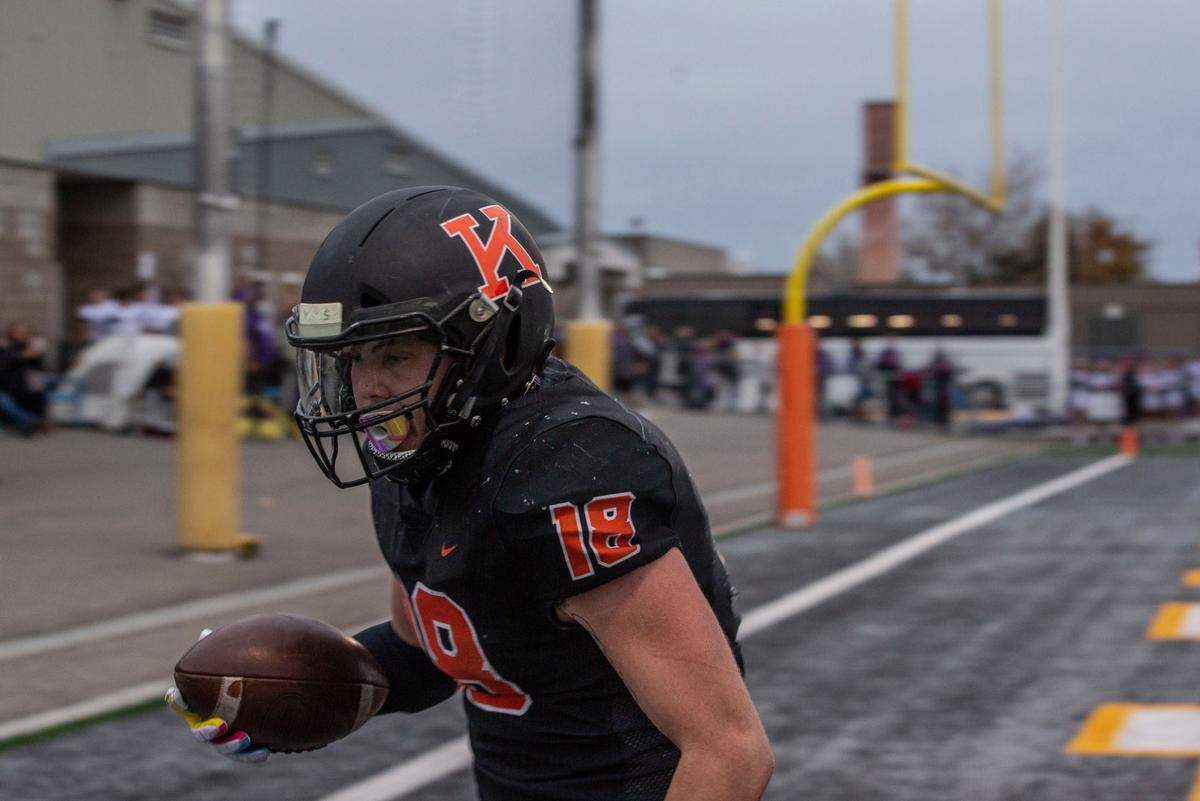 With 90 seconds left in the game, Kennewick Lions senior Myles Mayovsky catches Andre Breedlove’s 30-yard pass for a touchdown and a 26-21 victory over the visiting Spanaway Lake Sentinels at Lampson Stadium in Kennewick on Saturday.