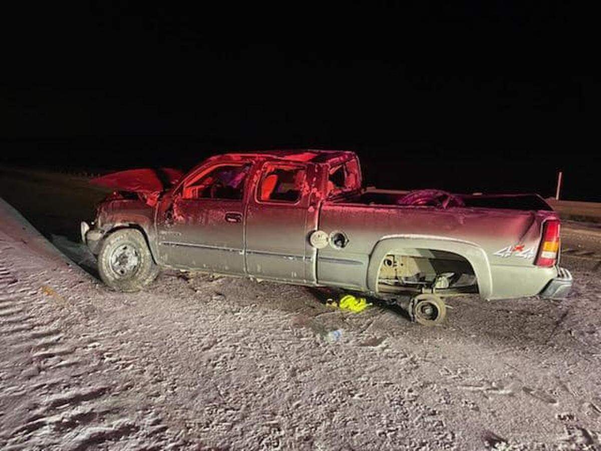 There were no injuries when this pickup crashed on a snowy road and rolled, losing a wheel, Tuesday morning, according to the Benton County Sheriff’s Office.