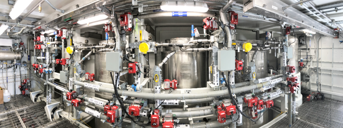 A bird’s eye view inside the Tank-Side Cesium Removal System’s process enclosure at a Hanford nuclear reservation’s tank farm. Construction and readiness assessments are complete.