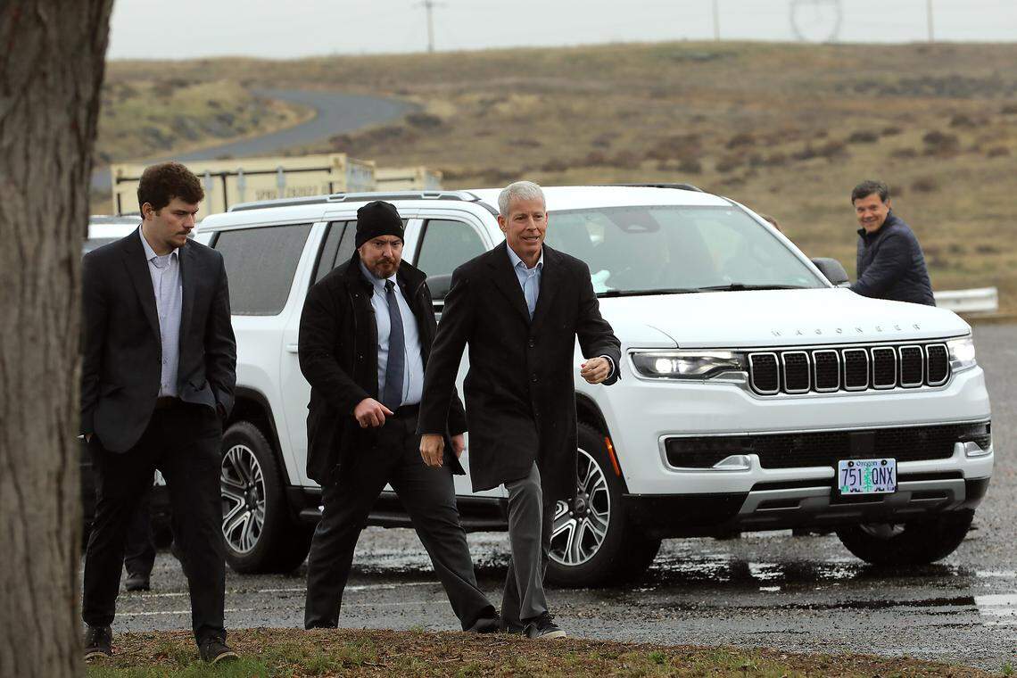 U.S. Secretary of Energy Chris Wright arrives for a news conference where he expressed the administration's support for the hydroelectric power generated by the Lower Snake River dams.