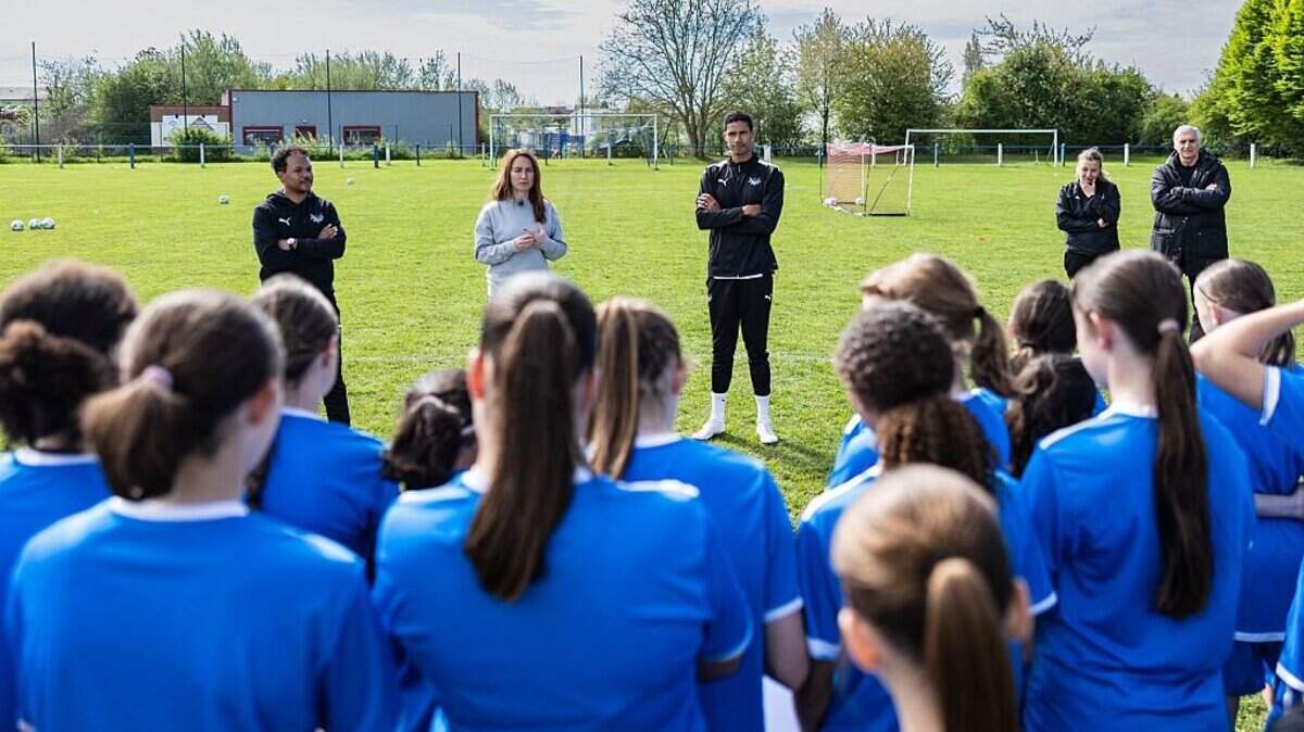 
Girls at a soccer training session. (Photo by Sameer Al-DOUMY / AFP via Getty Images)