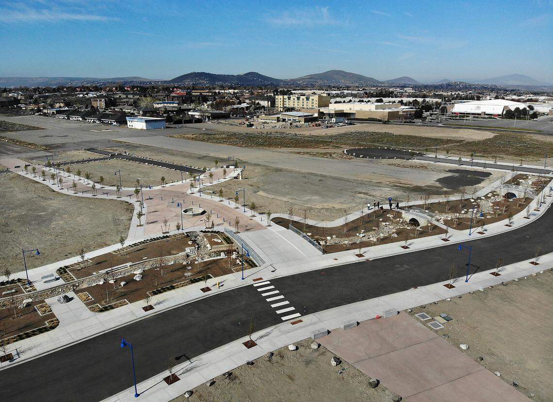 Crosswind Boulevard and water feature in Port of Kennewick’s Vista Field project in west Kennewick near Toyota Center.