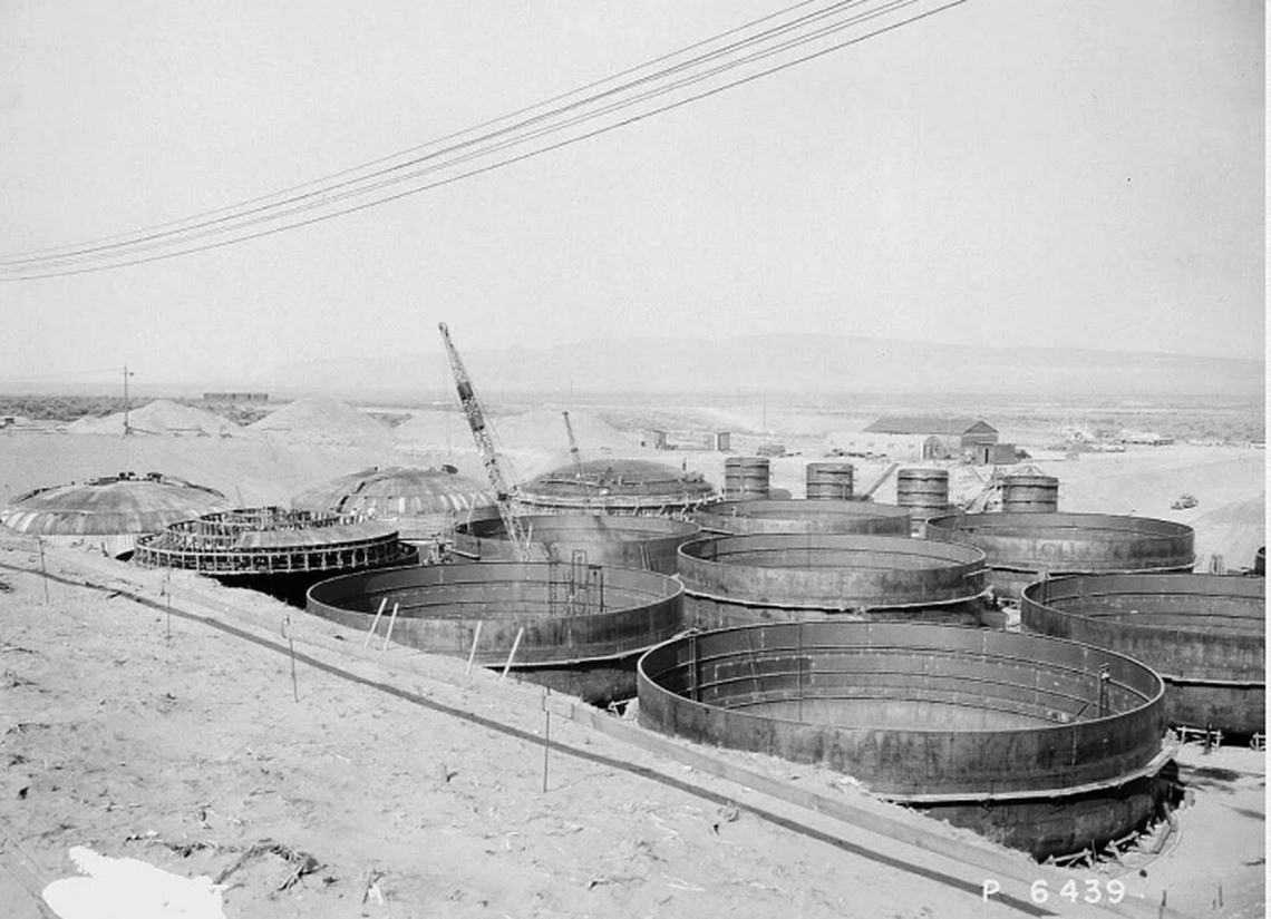 Hanford’s underground tanks for radioactive waste, shown under construction, have held radioactive waste since as early as World War II.