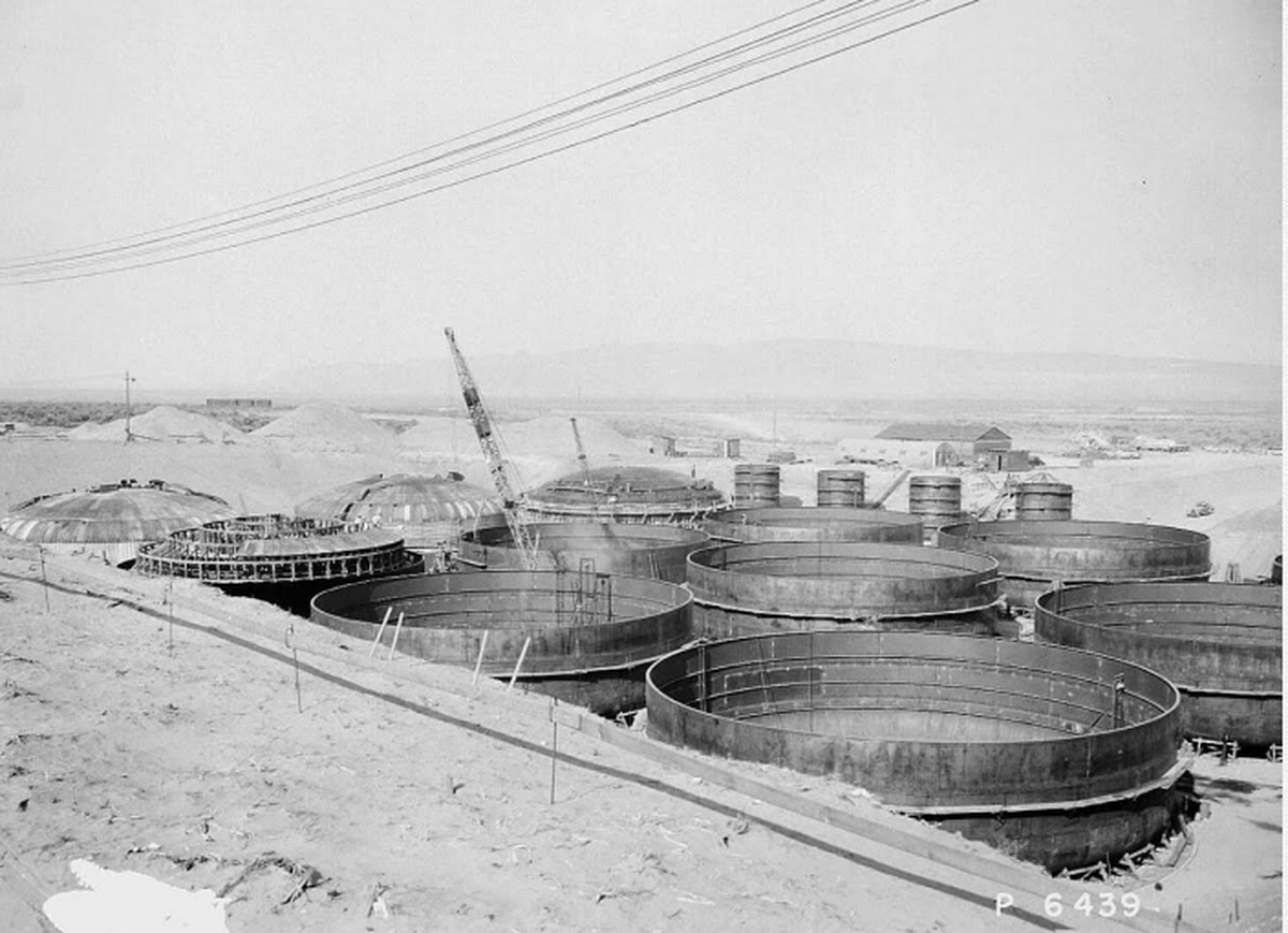 Hanford’s underground tanks for radioactive waste, shown under construction, have held radioactive waste since as early as World War II.