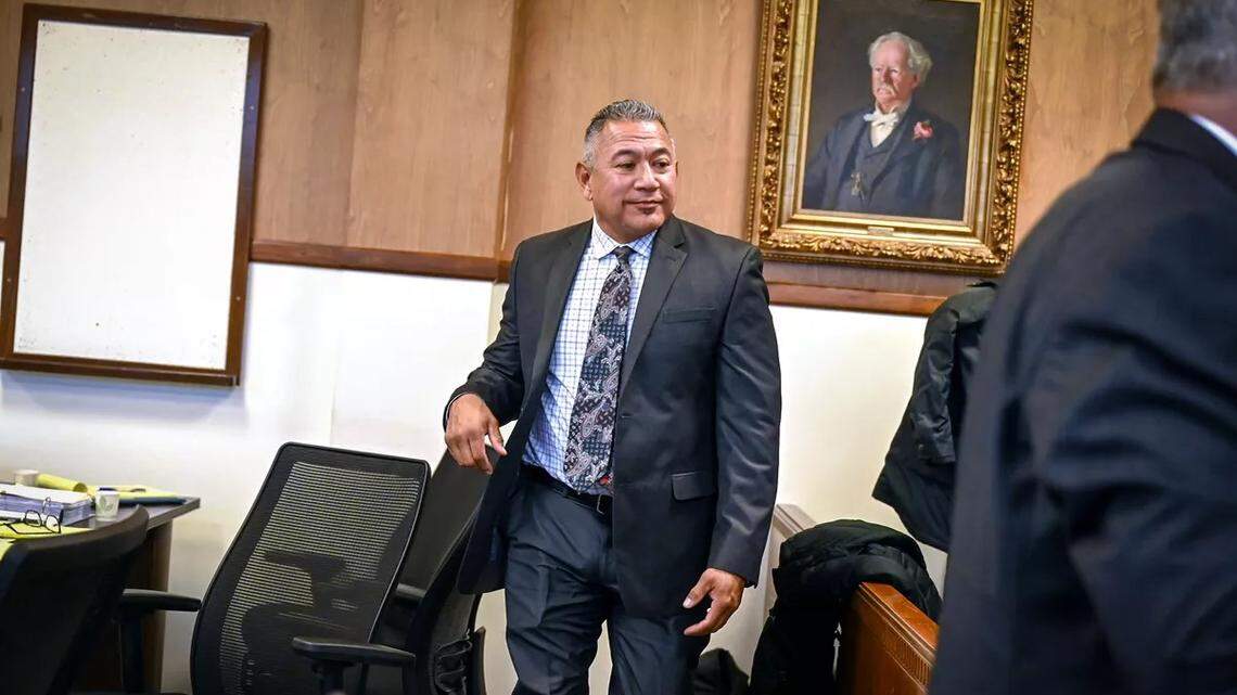 Former Pasco police officer Richard Aguirre leaves court during a break in his second trial Wednesday in the Spokane County Courthouse. Aguirre is charged with first-degree murder in the death of 27-year-old Ruby Doss.