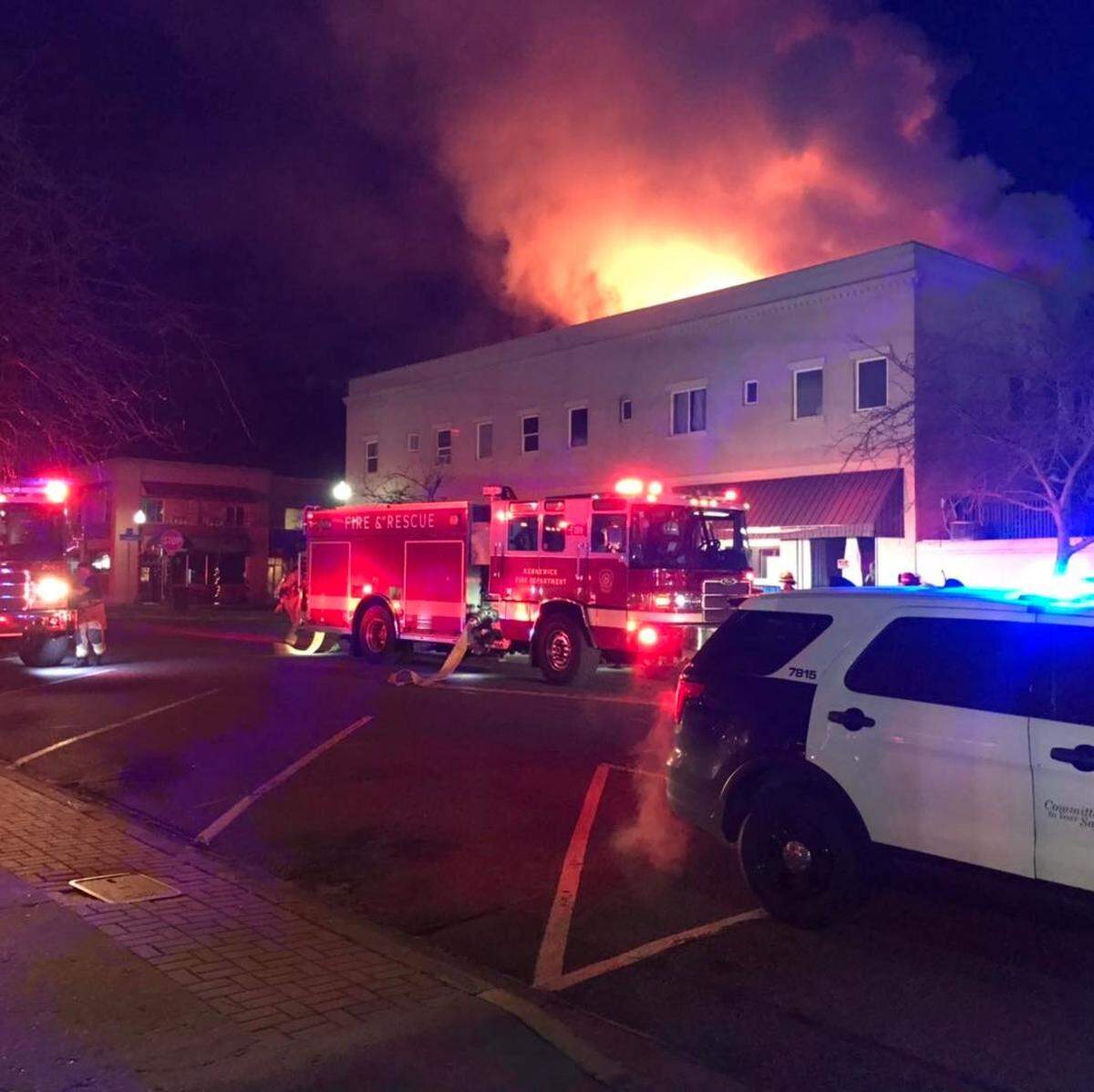 Kennewick Police Department shared this photo of the downtown Kennewick fire to ask that people avoid the area while crews battle the blaze.
