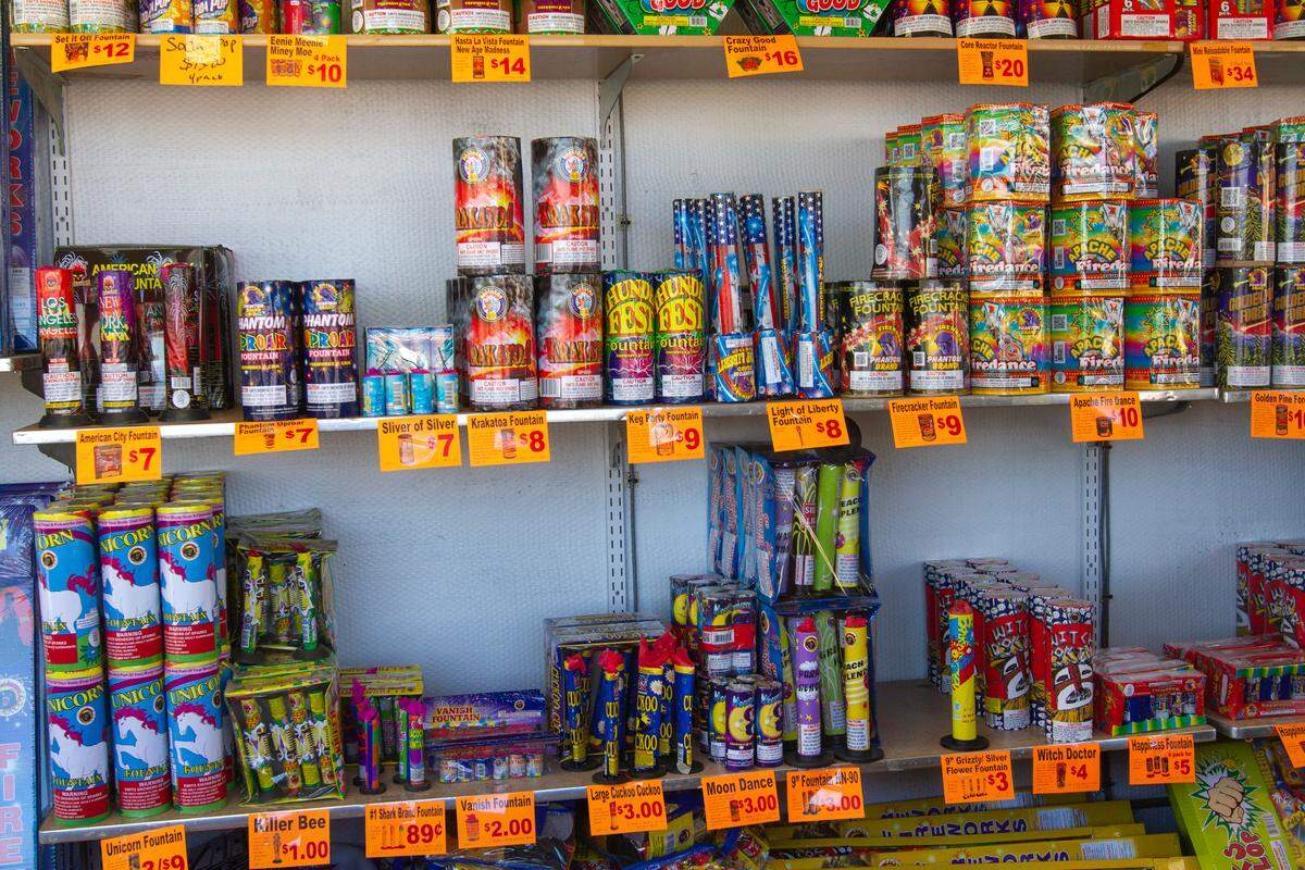 Fireworks line the shelves Thursday at Factory Outlet Fireworks in Pasco.