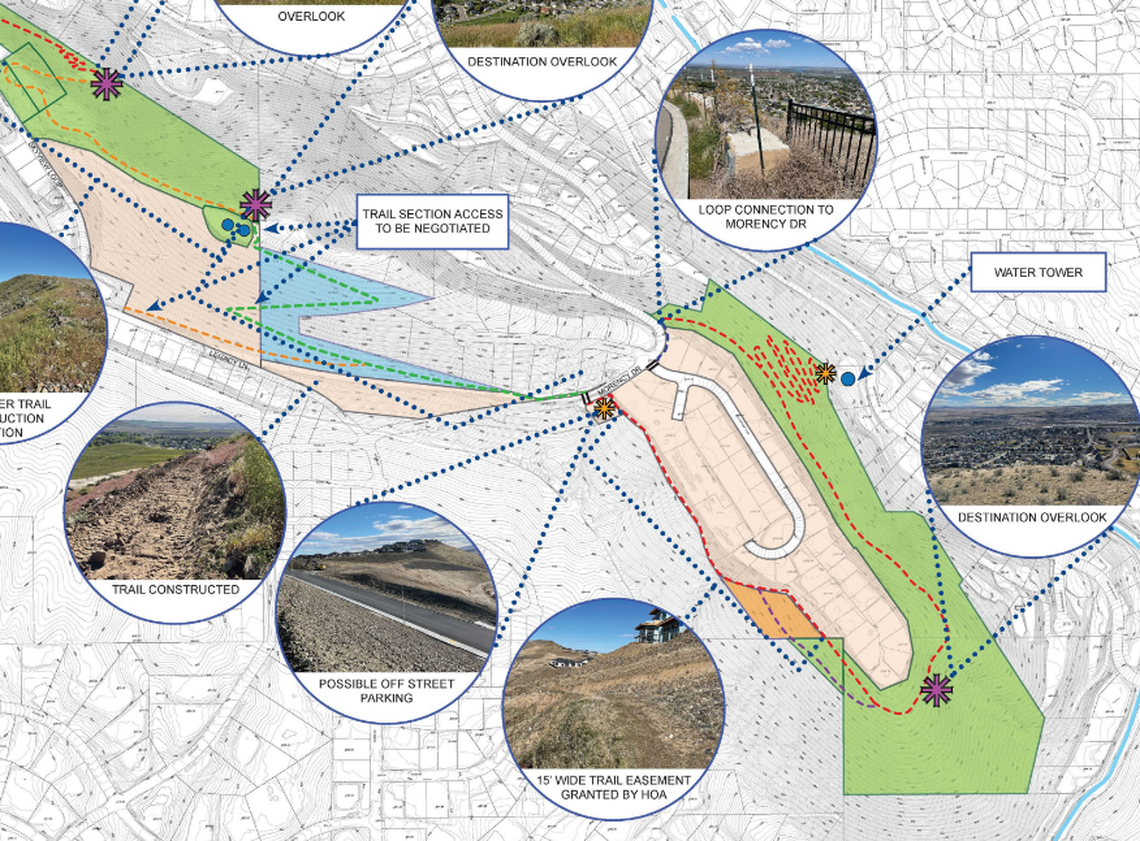 The proposed master plan for half of the Little Badger Mountain trail system is shown. It would loop around the Falconcrest neighborhood.
