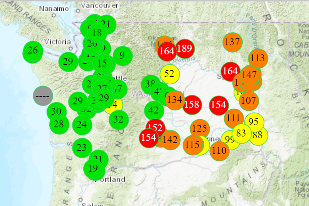 Air quality across Washington state is shown. Green is good, yellow is moderate, orange is unhealthy for sensitive groups and red is unhealthy for everyone.