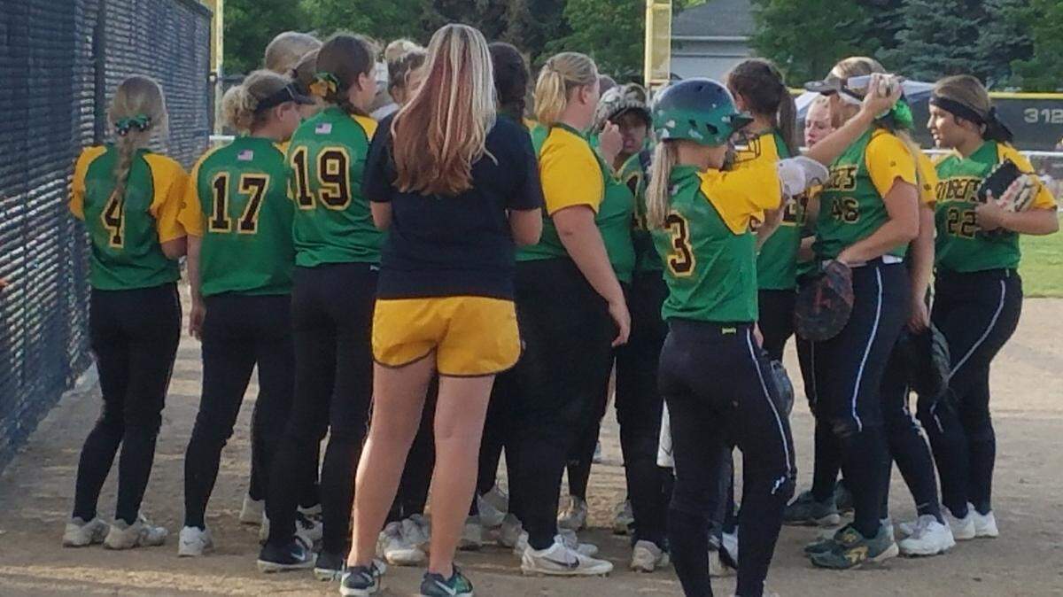 The Richland Bombers regroup in the bottom of the seventh inning against Monroe in the 4A state quarterfinals Friday in Spokane. Richland trailed 9-4, and failed generate any additional offense in taking the loss.