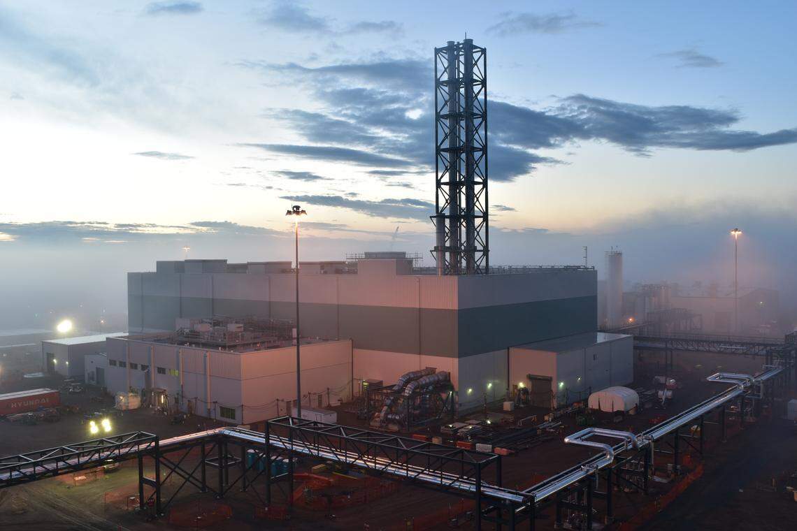 Fog surrounds the Low-Activity Waste Facility at the Hanford nculear reservation’s vitrification plant, which is under constructio.