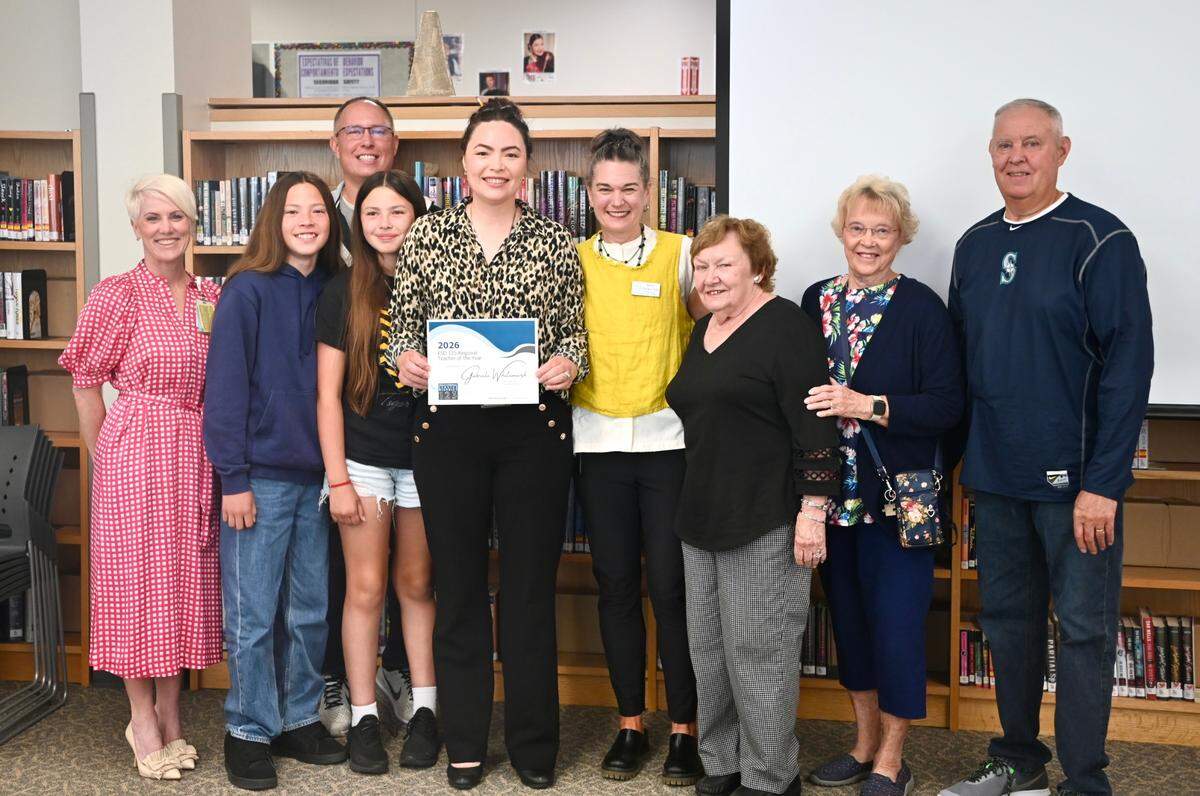 Pasco High School bilingual mathematics teacher Gabriela Whitemarsh poses for a photo recognizing her as the 2026 ESD 123 Regional Teacher of the Year. The accolade puts her in the running to be Washington Teacher of the Year.