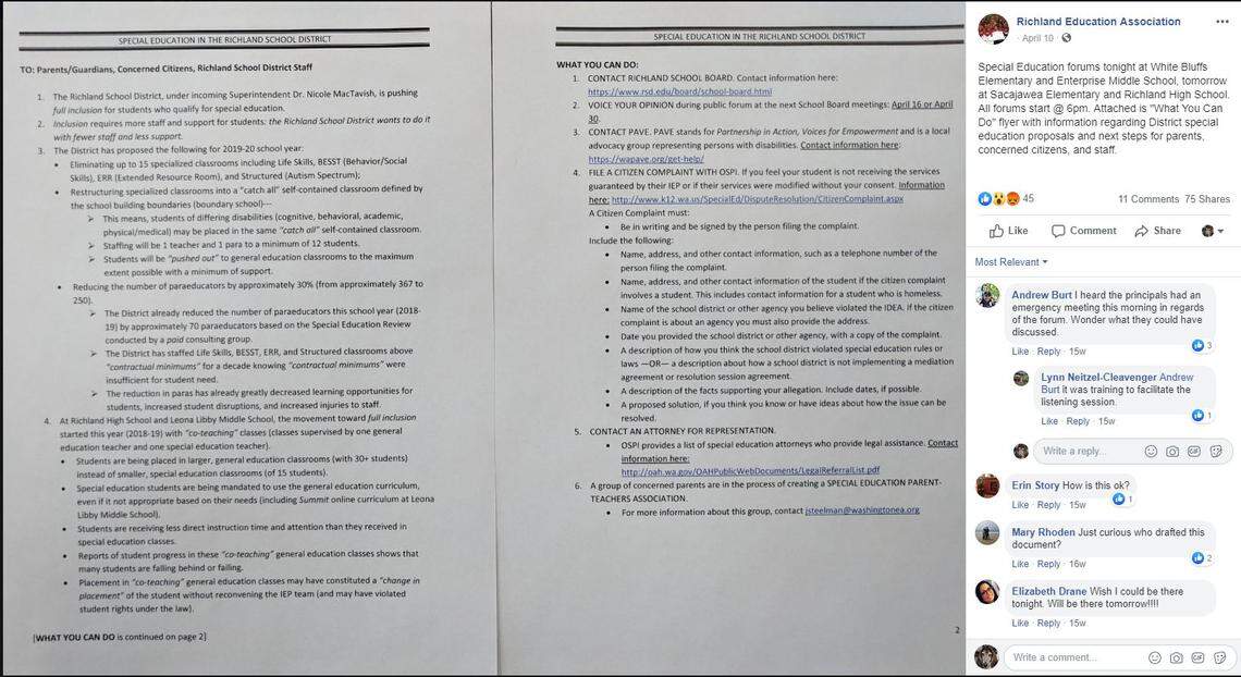 This letter was shared with parents prior to the meeting at White Bluffs Elementary on April 11. Richland Education Association shared a copy of it on its Facebook page.