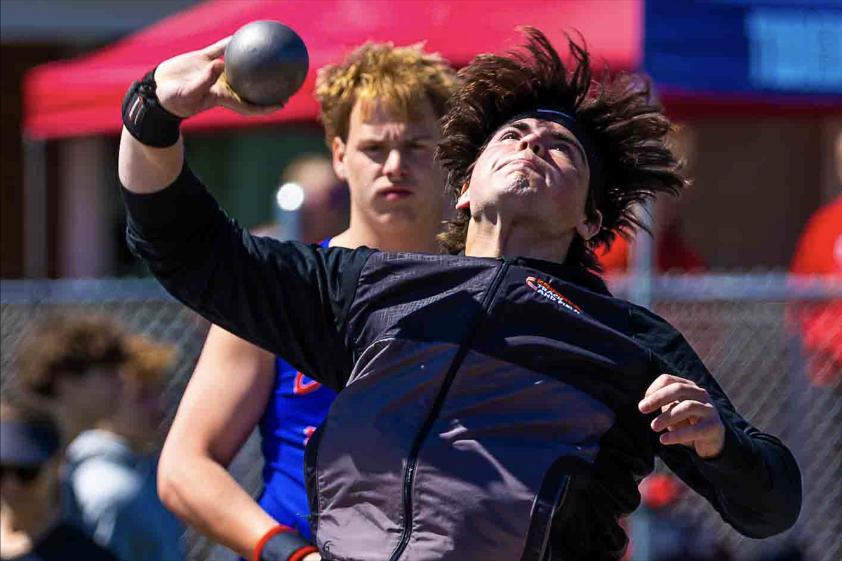 Kennewick junior Peter Smith competes in the boys shot put Saturday, April 25, 2026, at the Legends Twilight Invitational in Walla Walla. Smith placed third with a throw of 55 feet, 0.5 inches. He also took third in the discus at 175 feet, 3 inches.