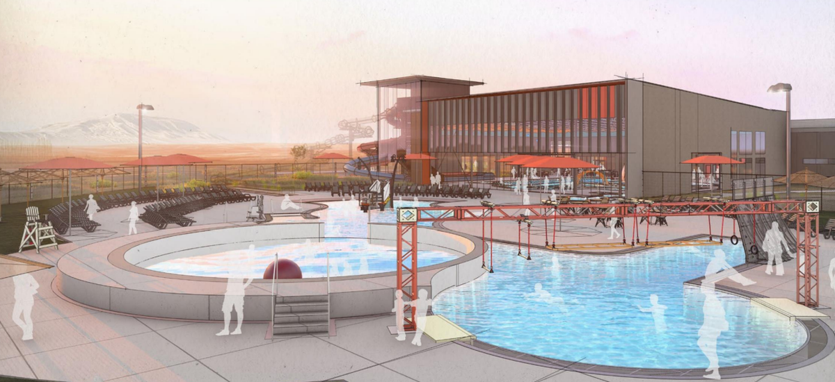 A rendering offers a look at some of the outside amenities tentatively planned for the Pasco Aquatic Center.