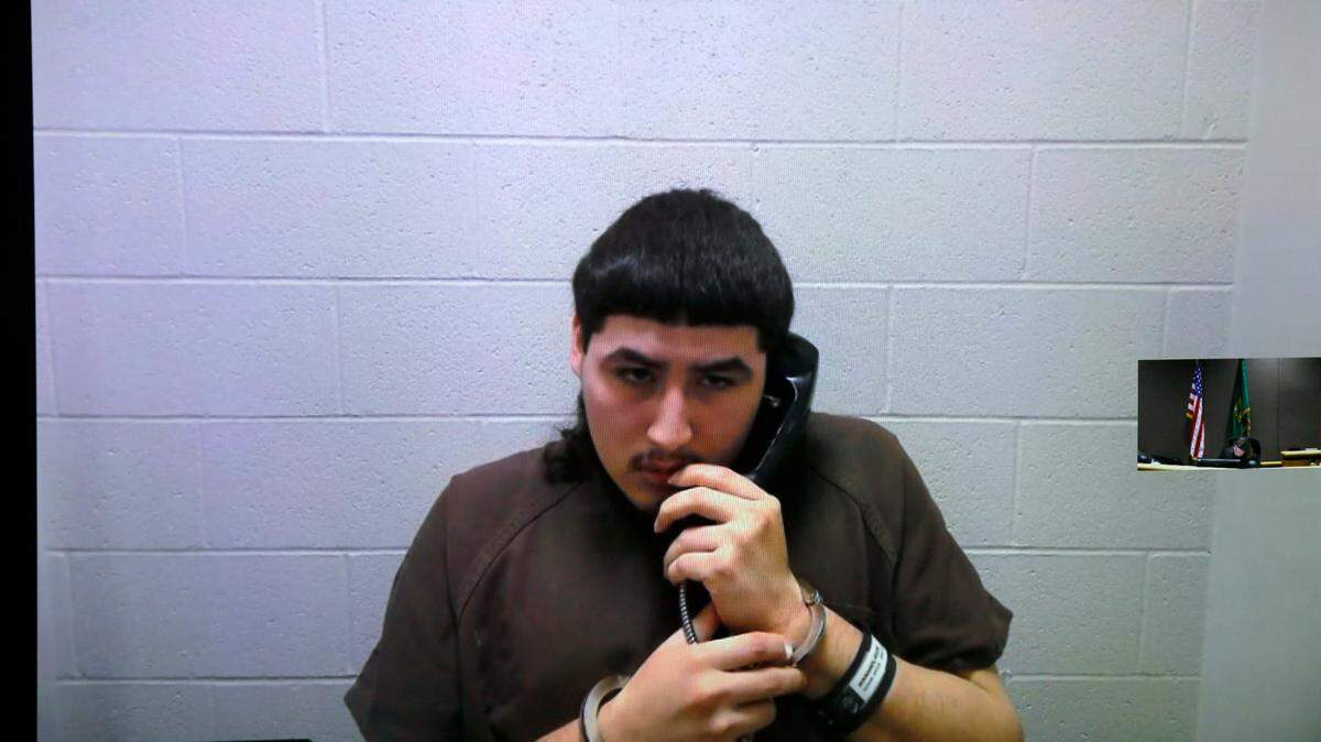 Felipe Manjares, 19, who is one of two people accused of killing Michael Castoreno, 21, at a Richland apartment complex, appears in 2023 via a video link in Benton County Superior Court.