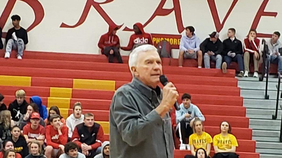 Randy Dolven spoke to the crowd at halftime of a Kamiakin boys basketball game in early January. Dolven was part of a Kamiakin basketball reunion that night.