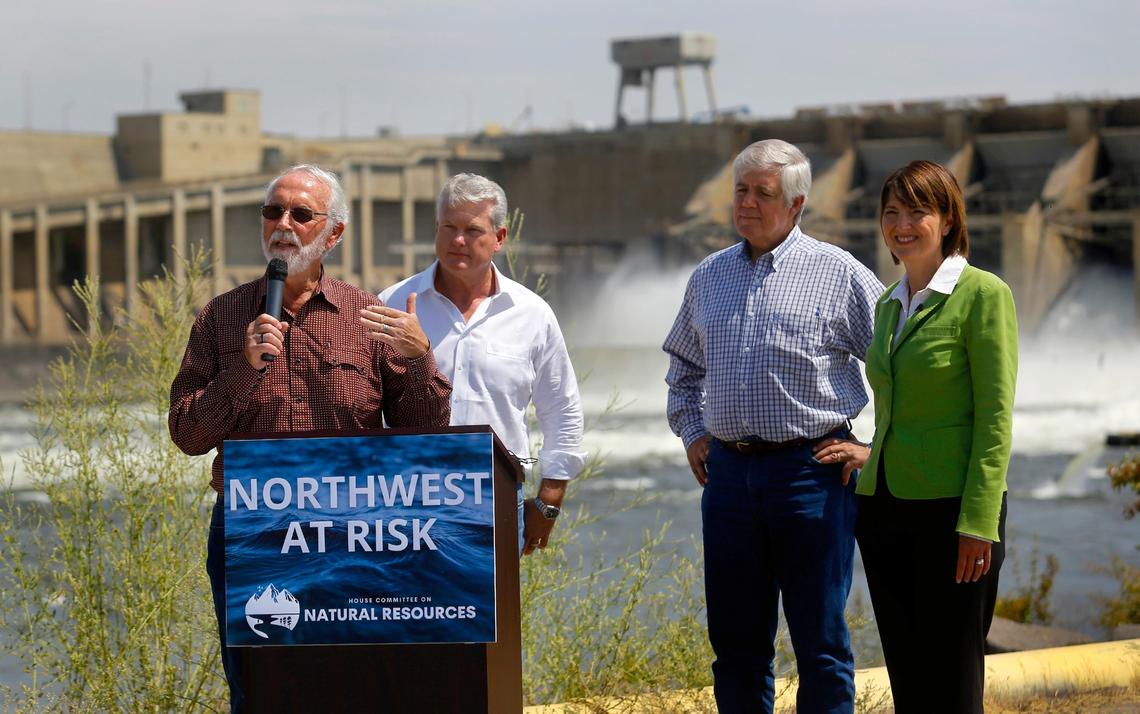 Congressman Dan Newhouse R-Wash., stands near Ice Harbor Dam with colleagues Mike Collins, R-Georgia., Cliff Bentz R-Ore.. and Cathy McMorris-Rodgers R-Wash., after touring the Snake River dam before a community field hearing about the dams in Richland.