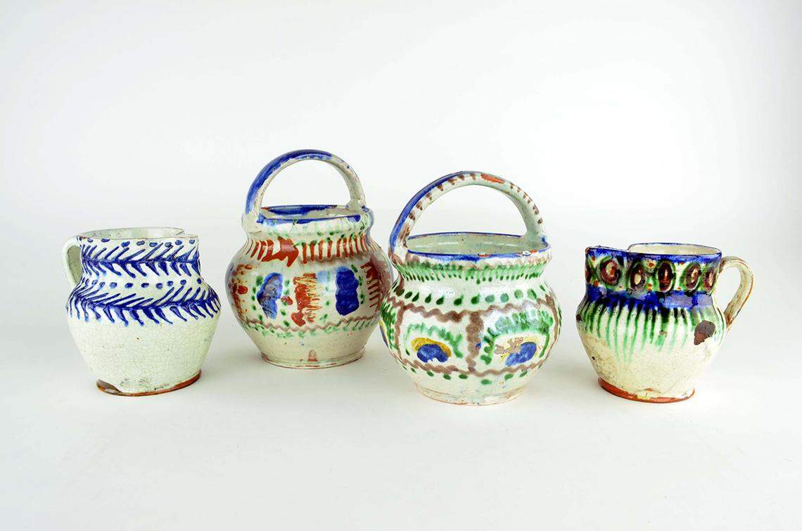 Unidentified artists (Romanian, active early 20th century), Romanian folk pottery, c. 1925, glazed ceramic, pots with handles: 8¼” and 7¼” tall; Gift of Marie, Queen of Romania, Collection of Maryhill Museum of Art. The vessels are part of a larger gift of Romanian folk pottery that were given to Maryhill Museum of Art in 1926.
