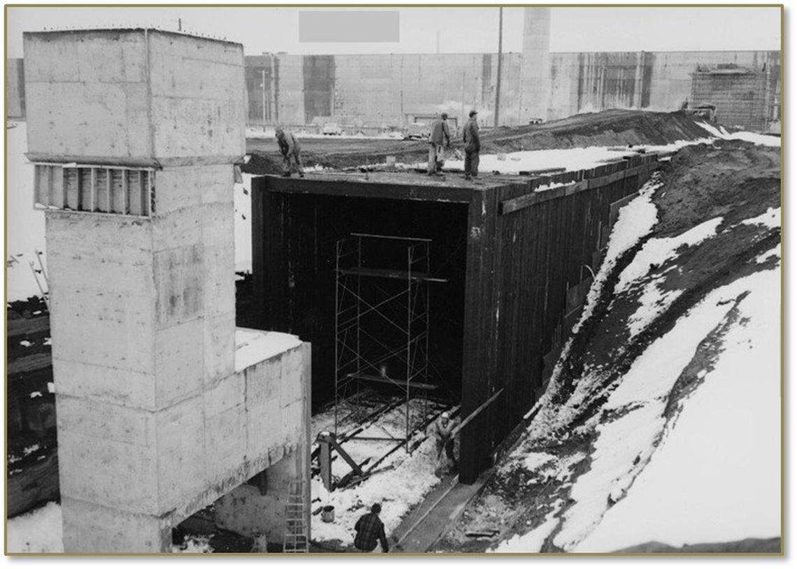 The first tunnel at the Hanford PUREX plant was built of Douglas fir timbers coated with creosote. The flat roof partially collapsed May 9, 2017.
