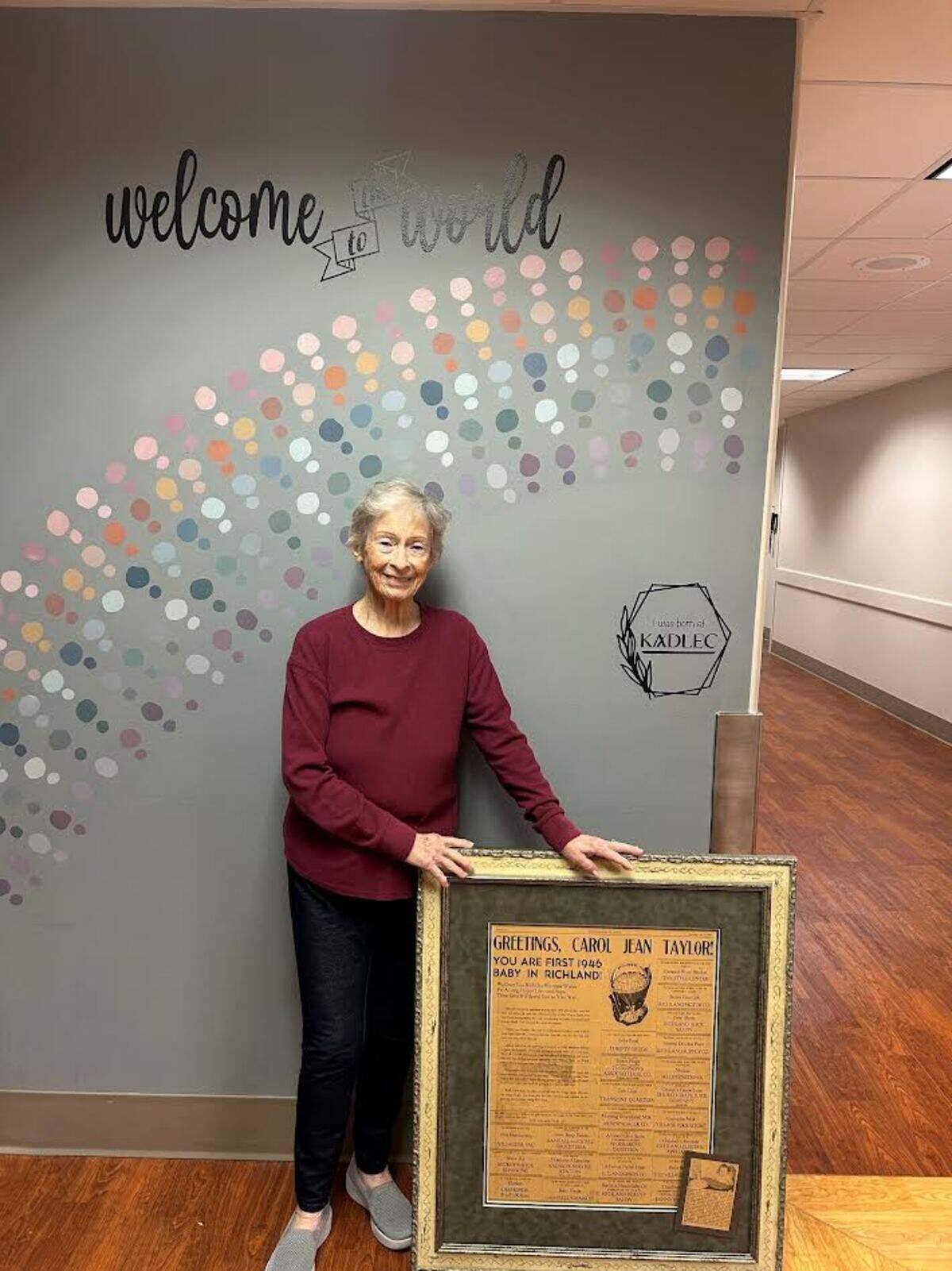 Carol Trautman donated a copy of the Richland Villager newspaper ad announcing her as the first baby born at Kadlec hospital in Richland Jan. 1, 1946, during the post World War II baby boom.