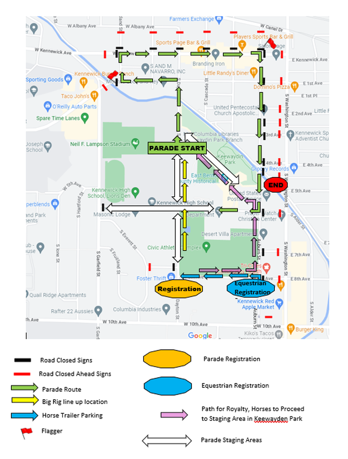 2025 Benton Franklin Fair & Rodeo Grand Parade route map, showing registration areas, staging zones, and road closures for the Aug. 16 event in downtown Kennewick.