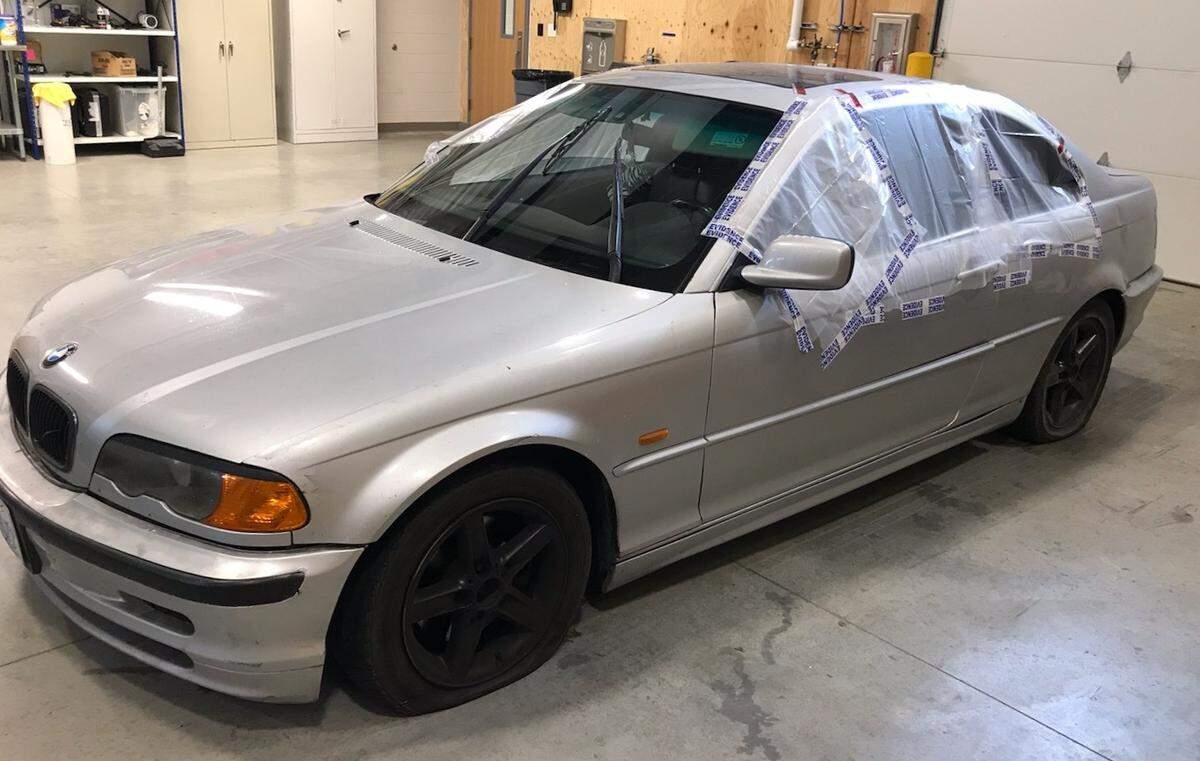 Tiner T-boned his silver BMW Sedan and got four flat tires.
