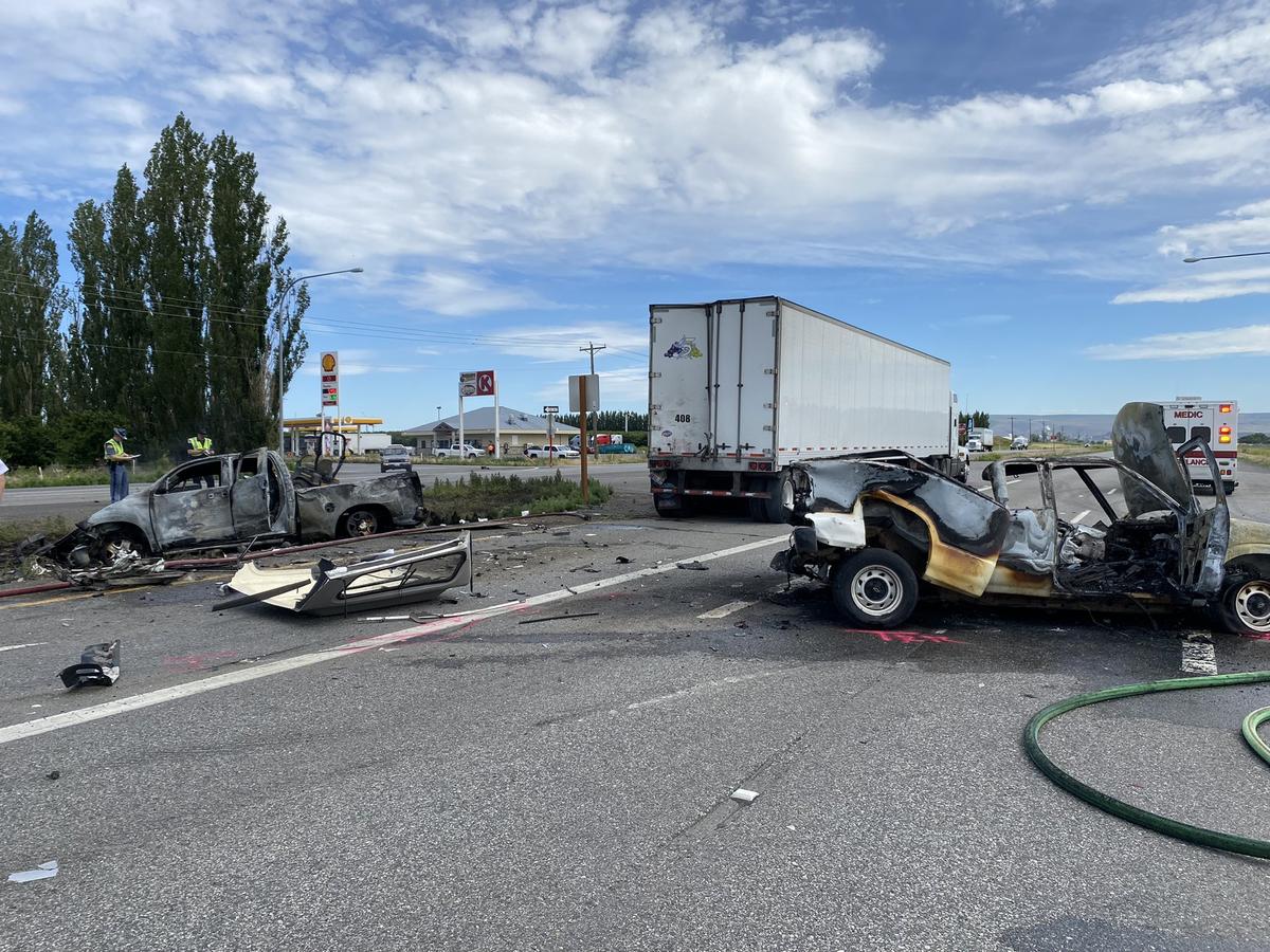Two people were seriously hurt in a fiery crash on Highway 12 south of Burbank.