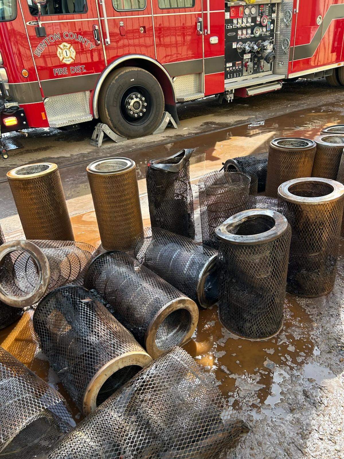 Benton County firefighters responded to Greenbrier Rail Services in Finley after a fire started in a bin where sandblasting material is collected.