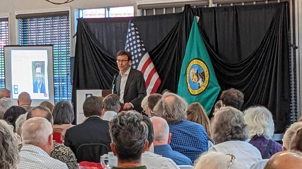 Washington Gov. Bob Ferguson gives the keynote at the 2025 Norm and Shirley Miller Democratic Leadership Dinner, hosted May 15 by the Benton County Democrats in Richland.