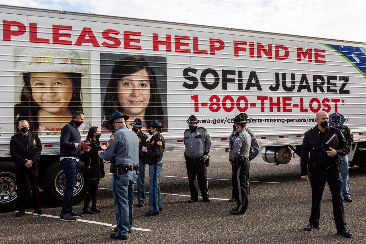 The Washington State Patrol’s Missing and Unidentified Persons Unit unveiled its newest Homeward Bound Trucks at the Kennewick Police Department Headquarters on February 4, 2021 the eighteenth anniversary of the disappearance of Sofia Juarez. The program of brands commercial trucks with the likenesses of missing children to assist in recovery.
