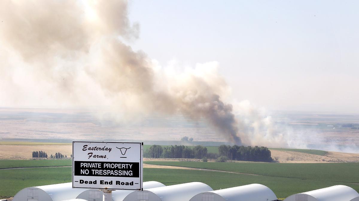 A column of smoke from a brushfire rises from a canyon Friday on Easterday Farms property off Coffin and Nine Canyon Roads south of Kennewick. Firefighters from around the Mid-Columbia are battling the 200-acre blaze being fanned by windy conditions, Watch a video at: tricityherald.com/video