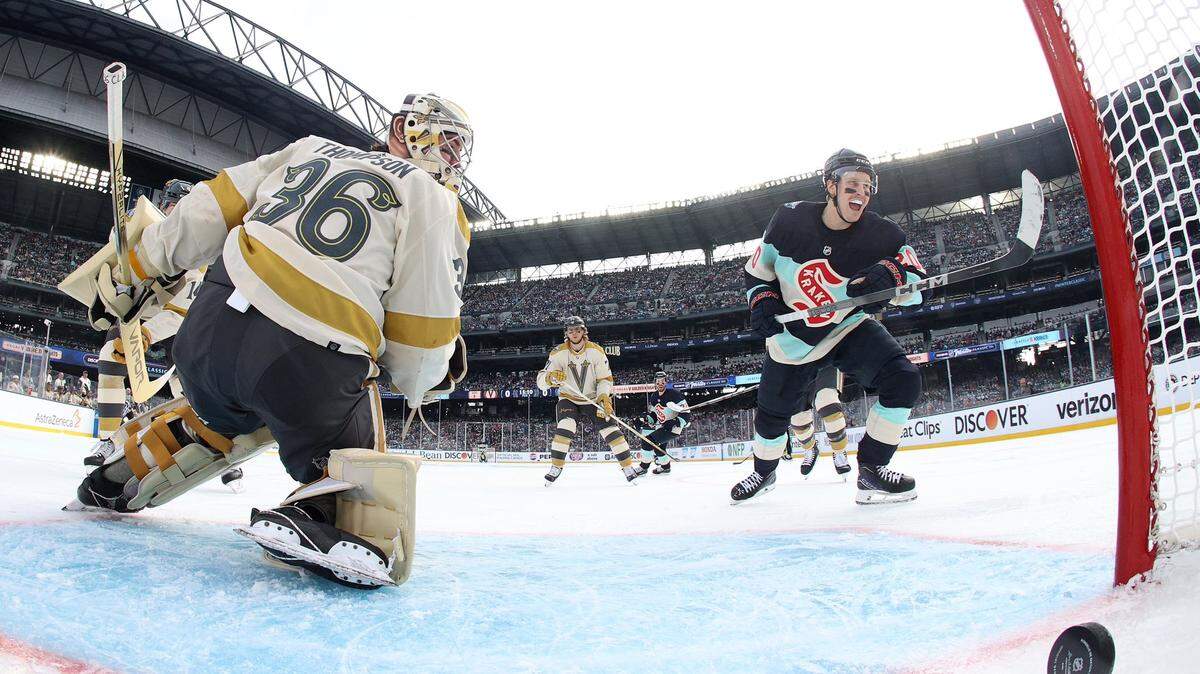 Eeli Tolvanen scores the first goal at the 2024 Winter Classic just a few minutes into the first period at T-Mobile Park in Seattle Jan. 1.