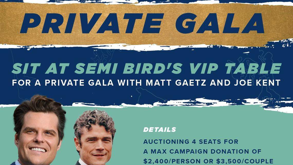 Semi Bird, the decorated U.S. green beret and controversial Richland School Board member, who is running for governor in 2024, is auctioning four seats to a private table gala with Congressman Matt Gaetz and failed 3rd Congressional District candidate Joe Kent.