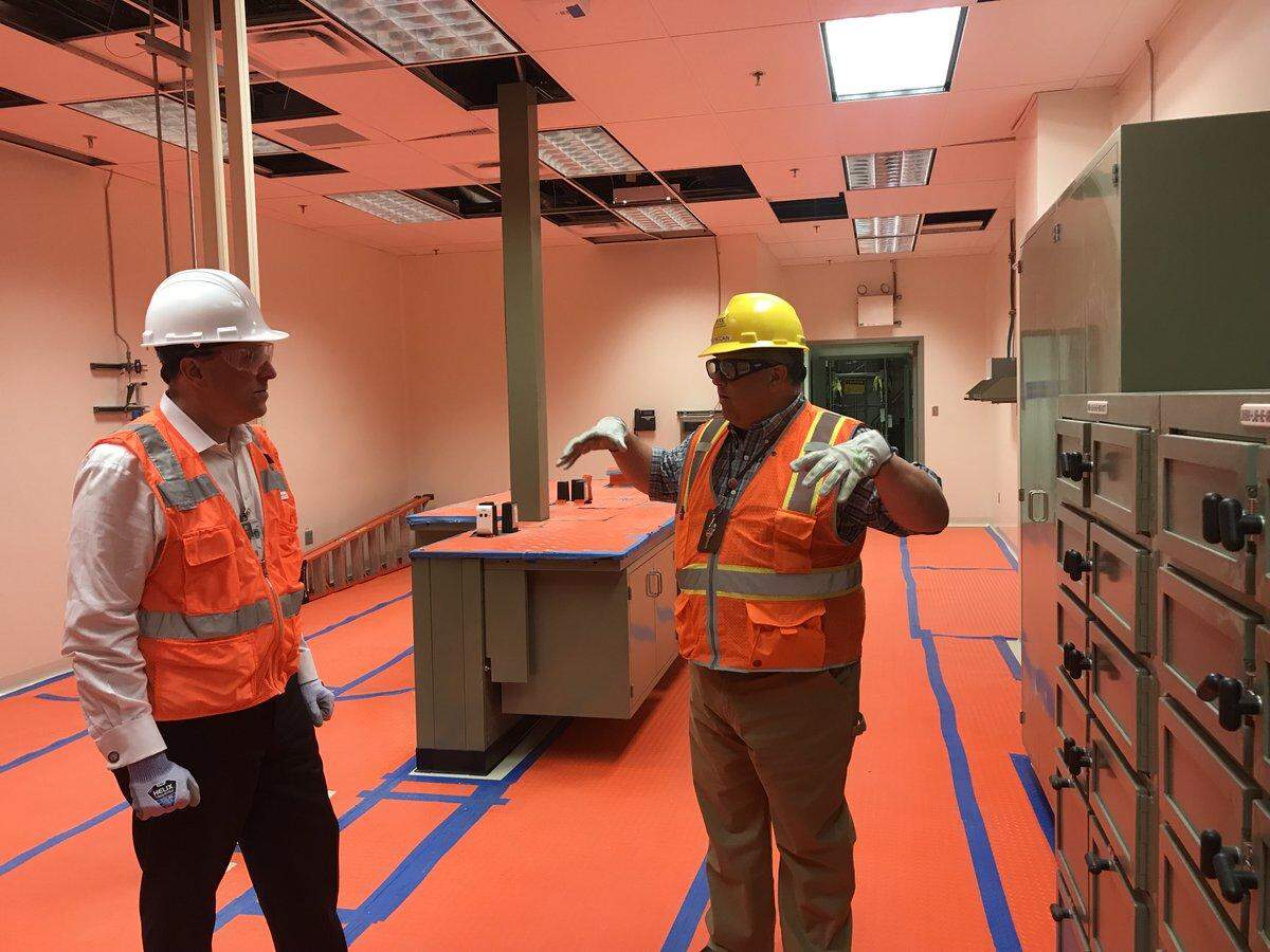 Department of Energy Under Secretary Paul Dabbar, in the white hard hat, toured Hanford last week to see progress on environmental cleanup projects.
