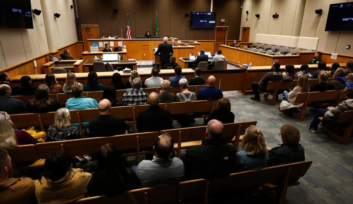 An overflow crowd packs a Benton County Superior Court for Tuesday morning’s hearing before Judge Jacqueline Stam for convicted murderer Robert Suarez. During the proceedings, Stam ruled Suarez did not meet legal criteria for resentencing under recent new state law. He was convicted in the 2004 fatal stabbing of Bob Mars, a popular coach and Benton City school teacher.