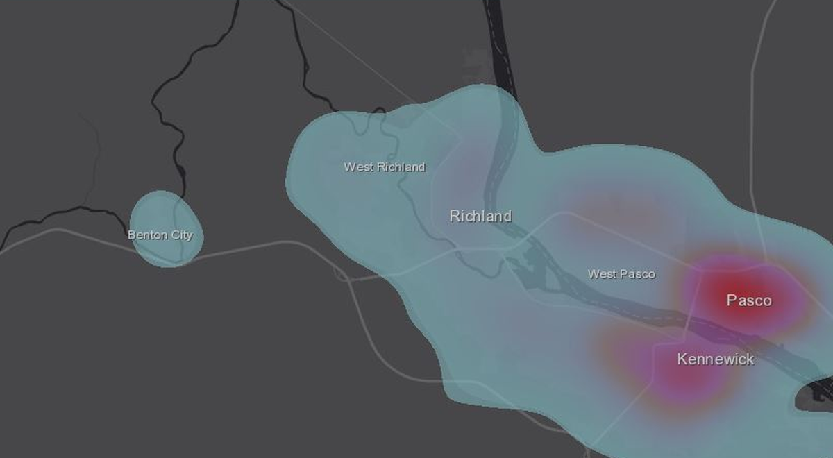 This “heat map” shows the concentration of COVID-19 cases for the past 28 days in the Tri-Cities area.